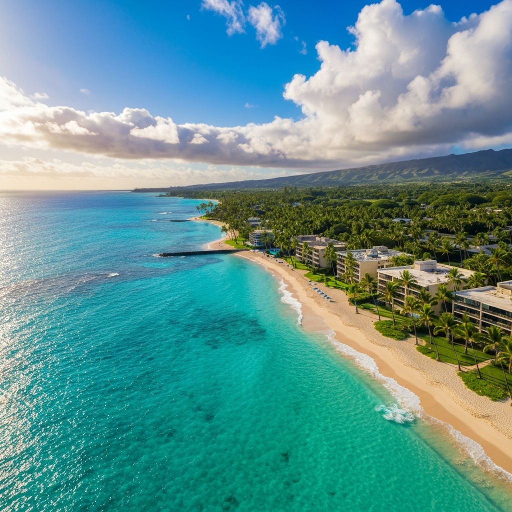 Beautiful Hawaiian coastline with crystal clear waters and palm trees